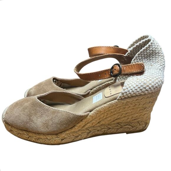 Kanna Taupe Espadrille Suede Sandals Jute Wedge 2 1/2" Heel Ankle Strap US 7 - Picture 2 of 8